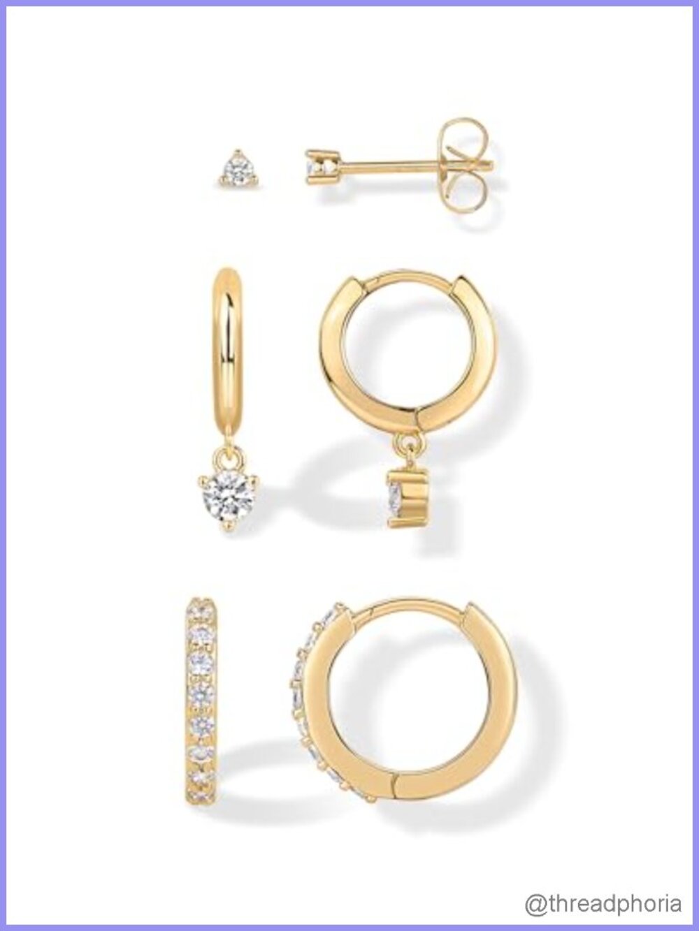 18K Gold Plated 3 Pairs Earrings for Women Stud Huggie Piercing Set